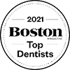 The image displays a logo with text that reads  BOSTON  and  TOP DENTISTS,  indicating a certification or recognition for dental professionals in Boston.