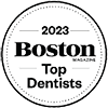 The image shows a circular stamp with text around its perimeter, including  BOSTON  at the top,  TOP DENTISTS  in the middle, and  2023  at the bottom, alongside what appears to be a year of recognition.